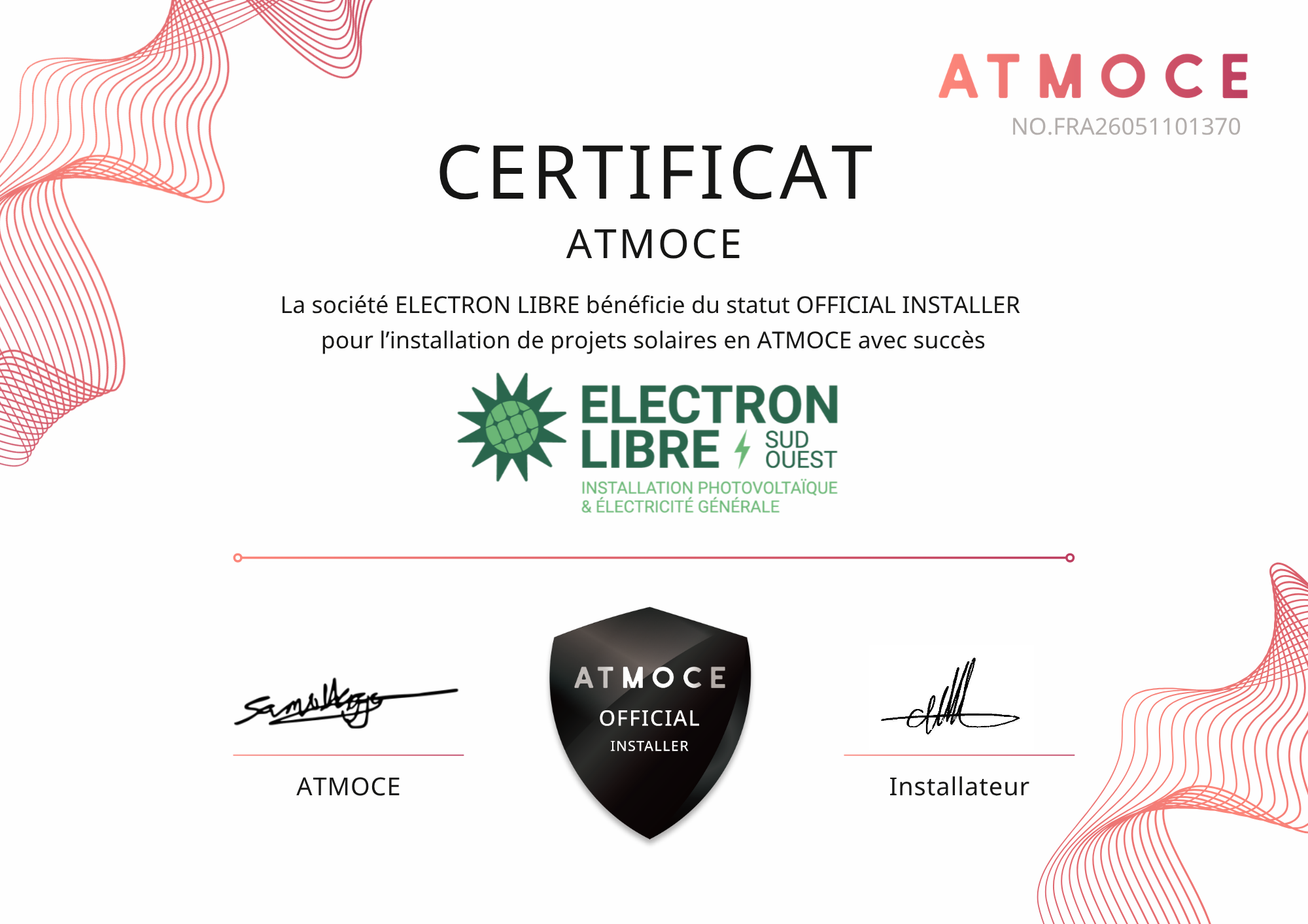 Certificat ATMOCE Official Installer délivré à Electron Libre Sud-Ouest